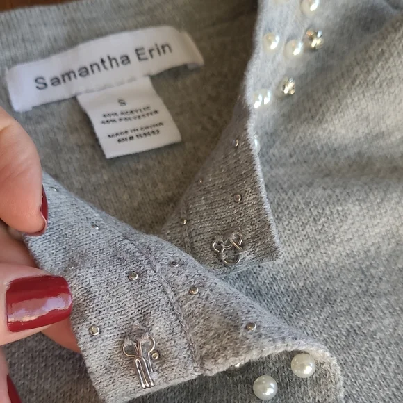 Chic Gray Pearl-Embellished Cardigan - Picture 10 of 12